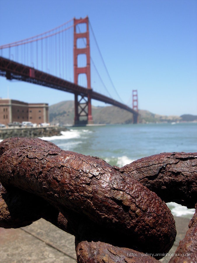 At the Golden Gate Bridge. I have seen this scene at a postcard, and liked it ;)
